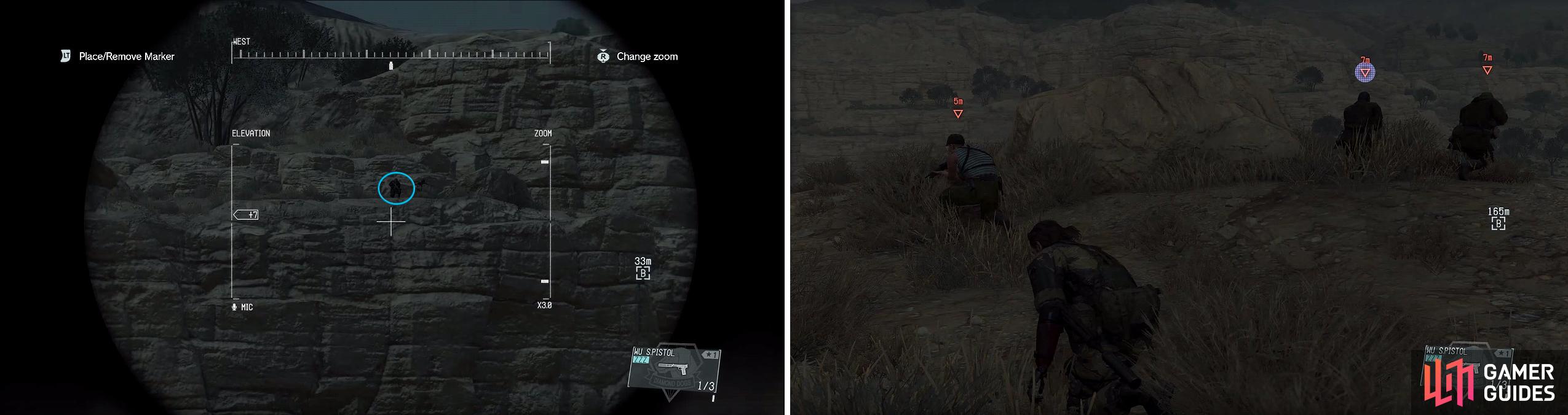 Look for the sniper on the cliff as you approach (left). Approach from behind his position and watch out for the other soldiers with him (right).