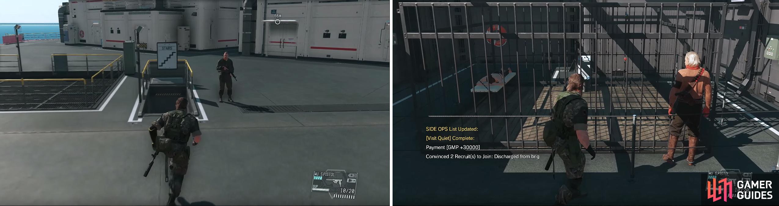 Take the stairs down to the cells (left) and then listen to Ocelot’s conversation about Quiet (right). Afterwards, she will be unlocked as a Buddy.