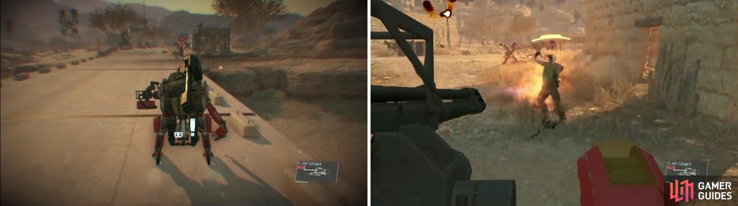 D-Walker has various functions, like a mode that makes it great for mobility (left). It can also equip a variety of weapons, like a gatling gun and even a flamethrower (right).