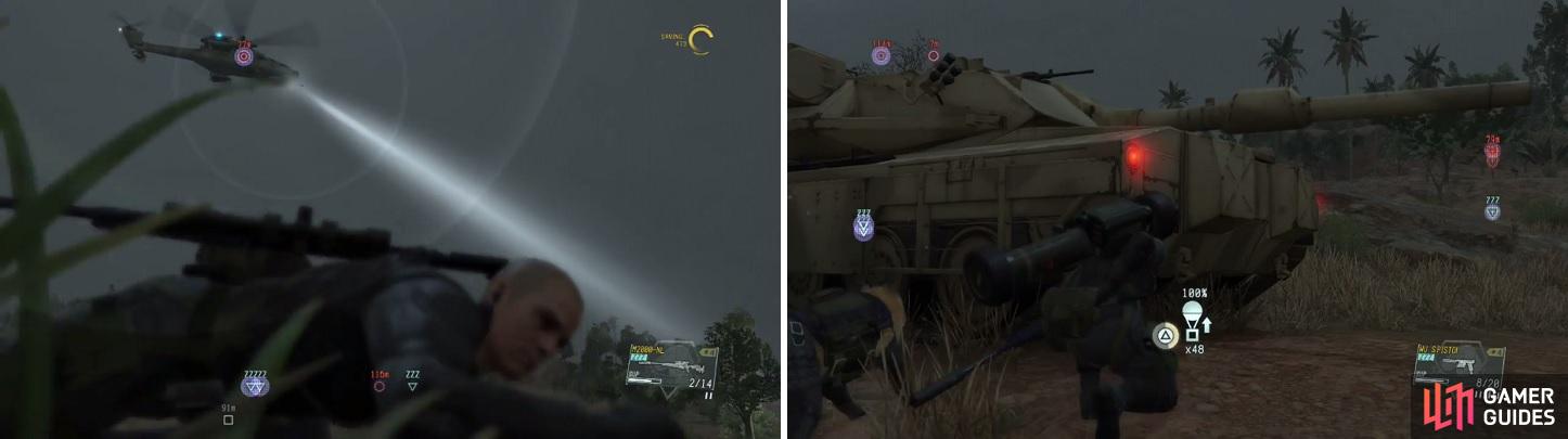 The dreaded enemy gunships return for the tank Side Ops (left). Extracting the tanks is one option to complete the side missions (right).