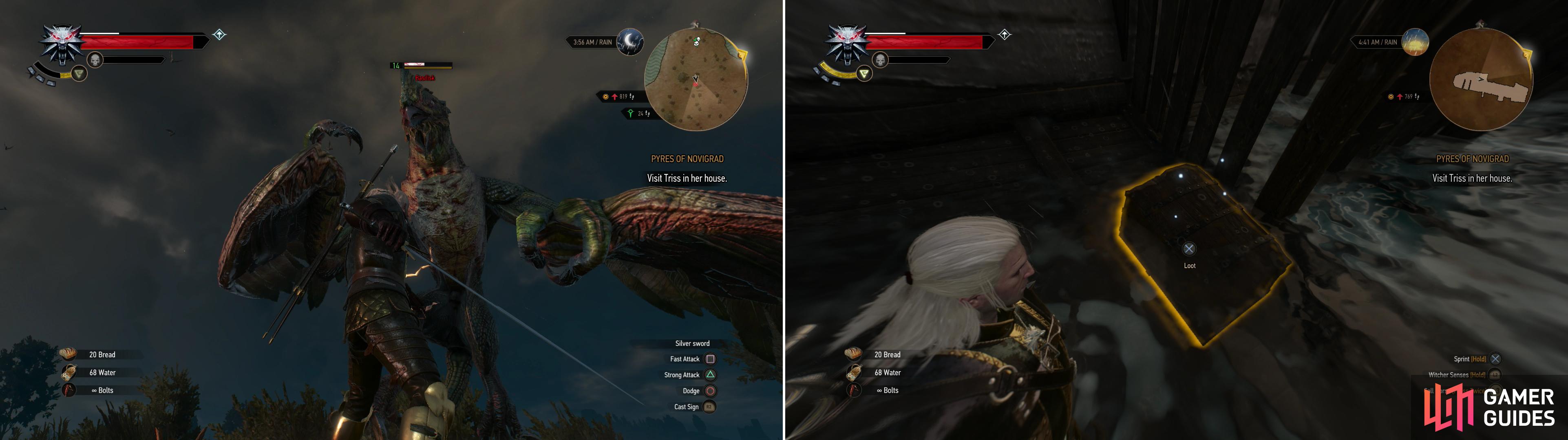 Defeat a Basilisk (left) then board a neaby shipwreck and claim the treasure it’s still carrying (right).