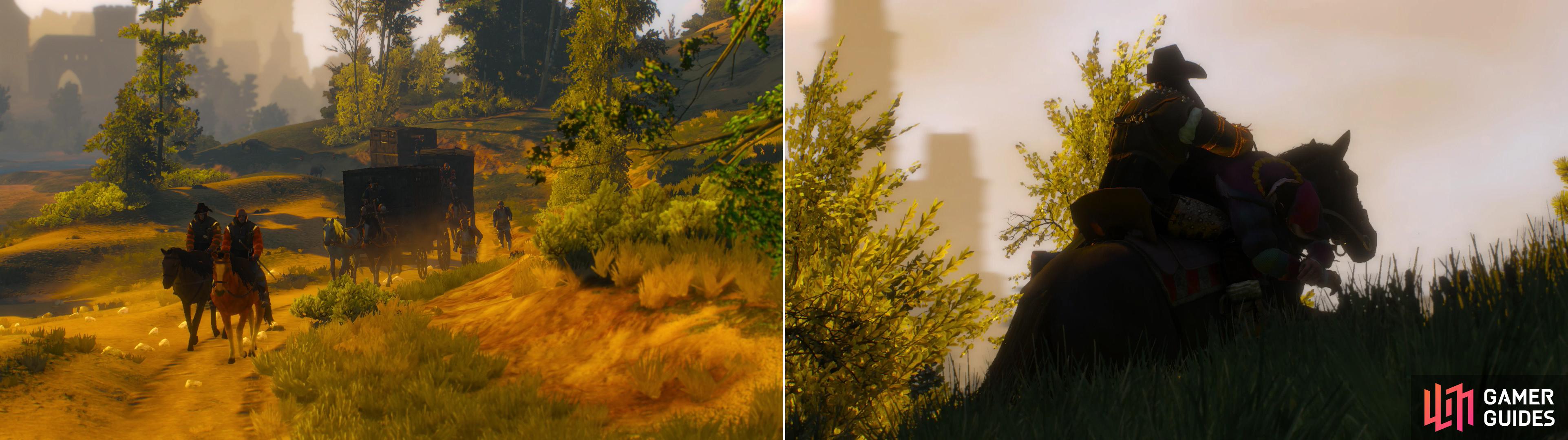 Wait for Dandelion’s escort to arrive before launching your attack (left) then chase the Witch Hunter who makes off with Dandelion (right).