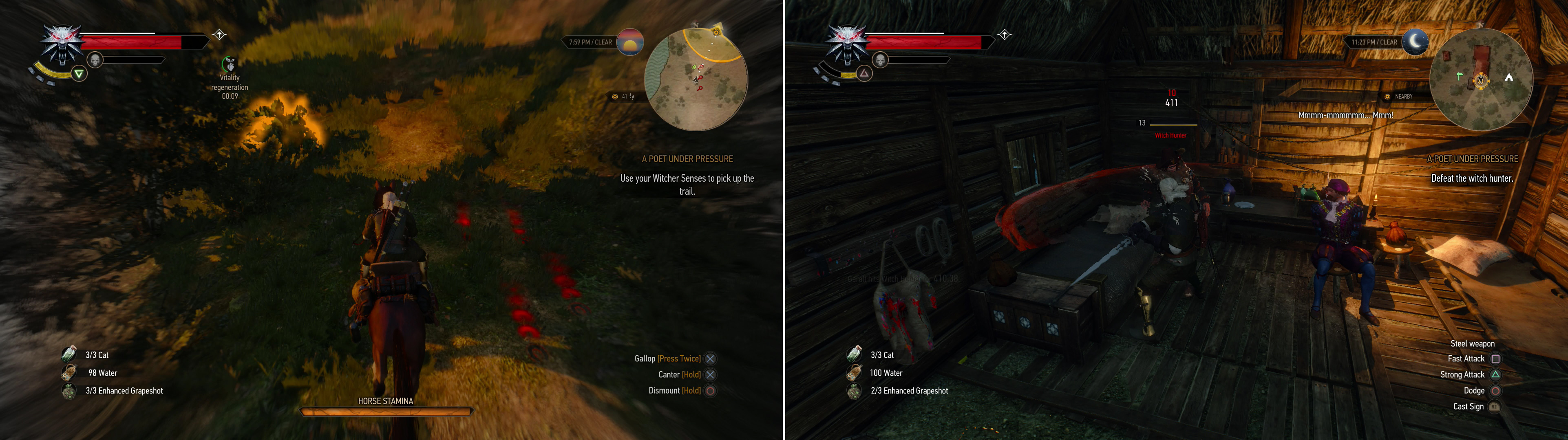 Track the fugitive Witch Hunter down using your Witcher Senses (left) and dispatch him when you find him (right).