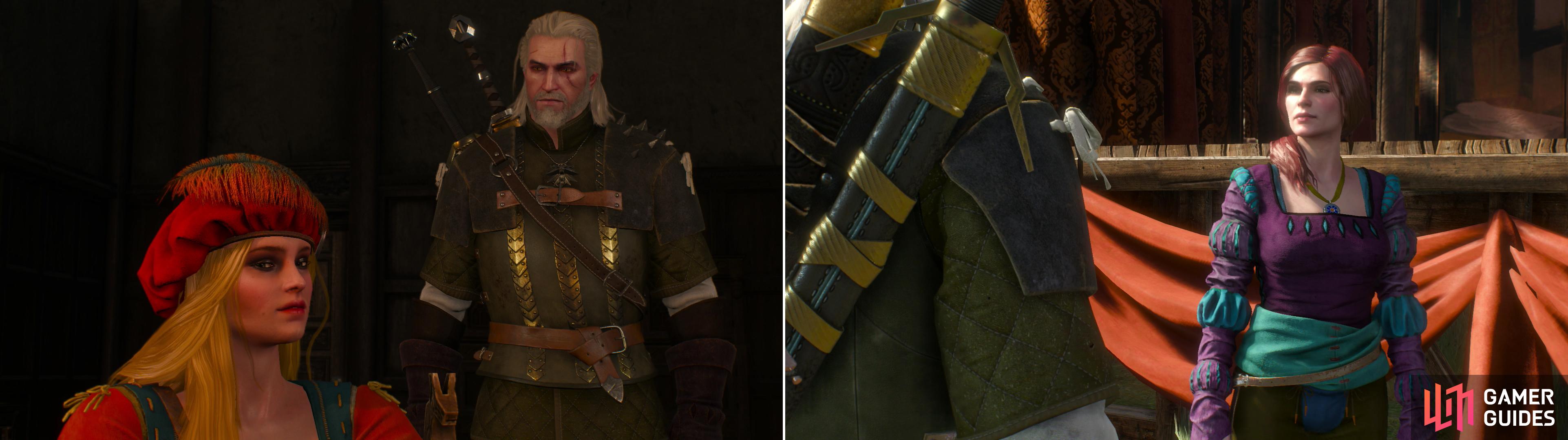 Geralt “helps” Priscilla write a play (left) then heads off to hire Irina’s acting troupe (right).