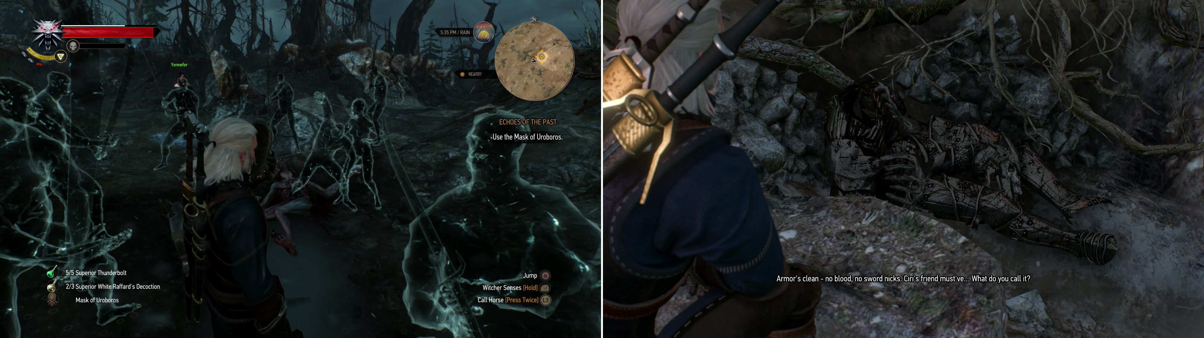 Use the Mask of Uroboros to witness figments of the past (left). A corpse at the end of your search reveals the nature of Ciri’s foe (right).