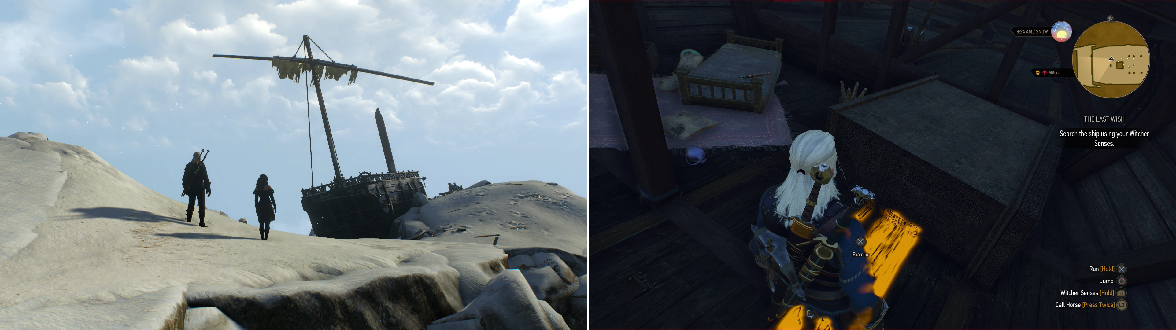 Find the other half of the mage’s ship in a most unusual location (left), then search the ship to discover the mage’s unfortunate fate (right).