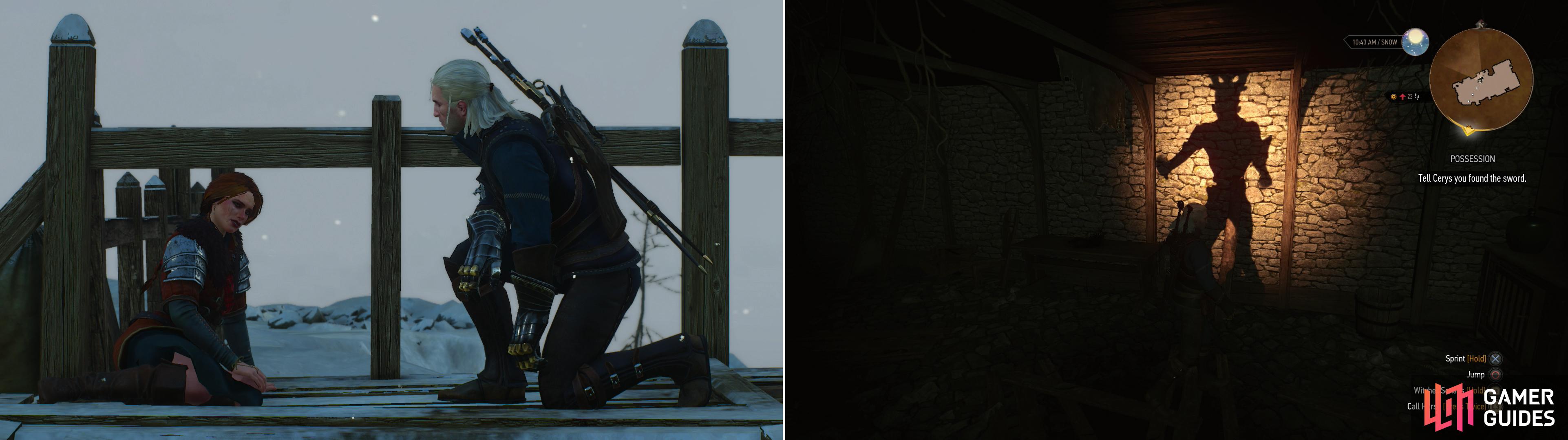 Geralt and Cerys chat after rescuing her from the Jarl’s old house (left). An ominous specter appears as Geralt recovers the old family sword Brokvar from the cellar (right).