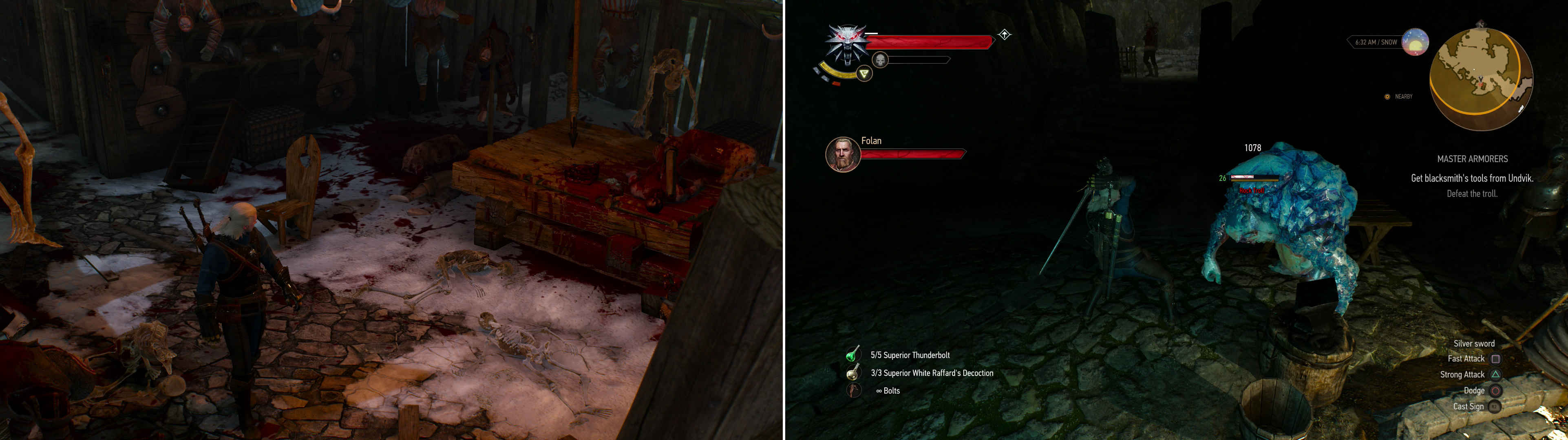 Geralt discovers the giant’s grisly pantry (left). Make s short diversion and slay the Rock Troll that guards the smithing tools Fergus wants (right).