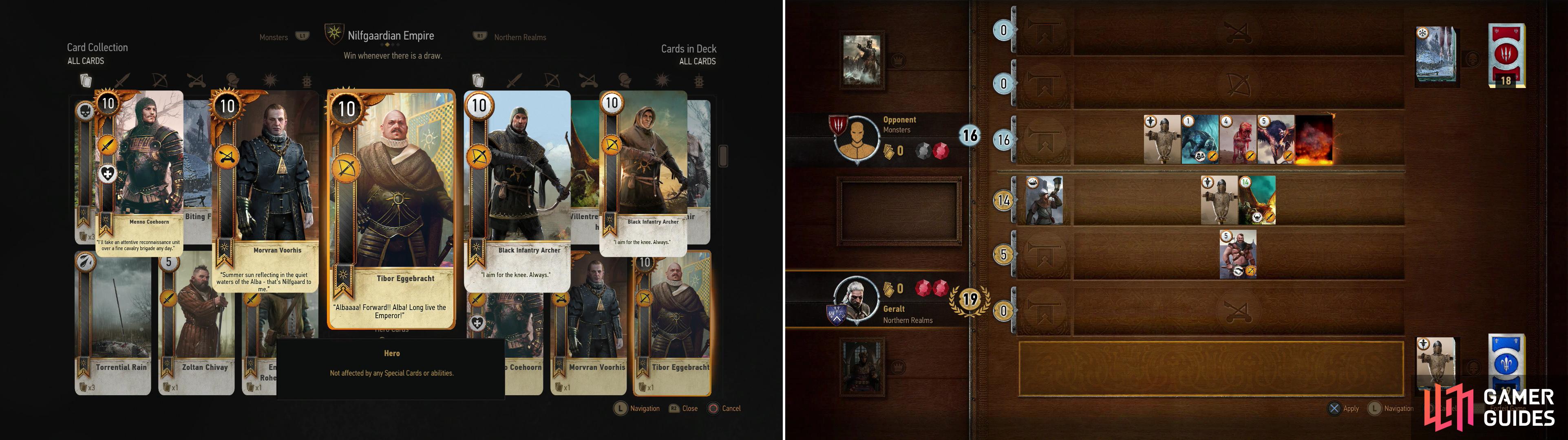 Defeat Olivier at the Kingfisher to win his Tibor Eggebracht Card (left). If you can win the Villentretenmerth card during your games with random Gwent players, you’ll be able to use its limited Scorch ability to great effect (right).