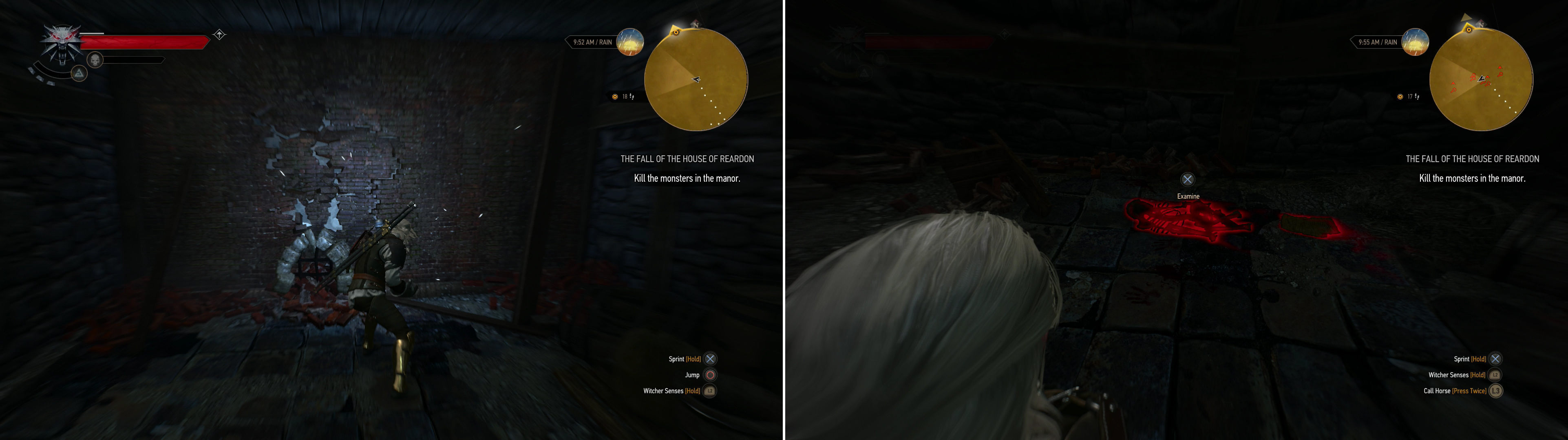 Blast a weak section of wall with Aard (left) to find a room where you’ll find a grisly discovery (right).