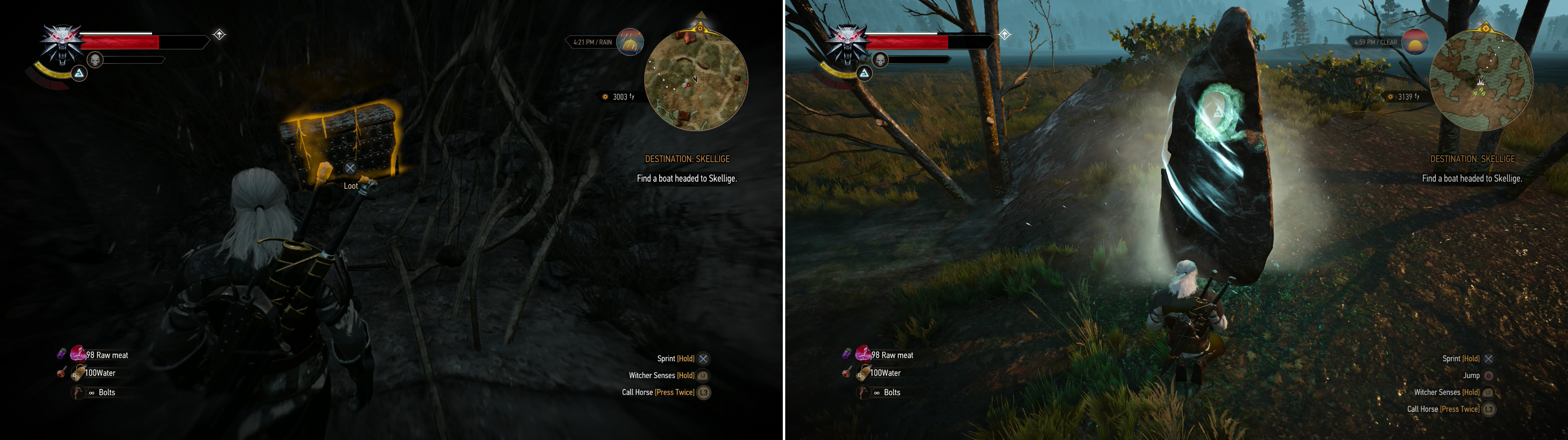 Use Aard to blast your way into a cave, where you’ll find the Diagram: Enhanced Griffin Gauntlets in a chest (left). South of Frischlow you’ll find a Place of Power (right).