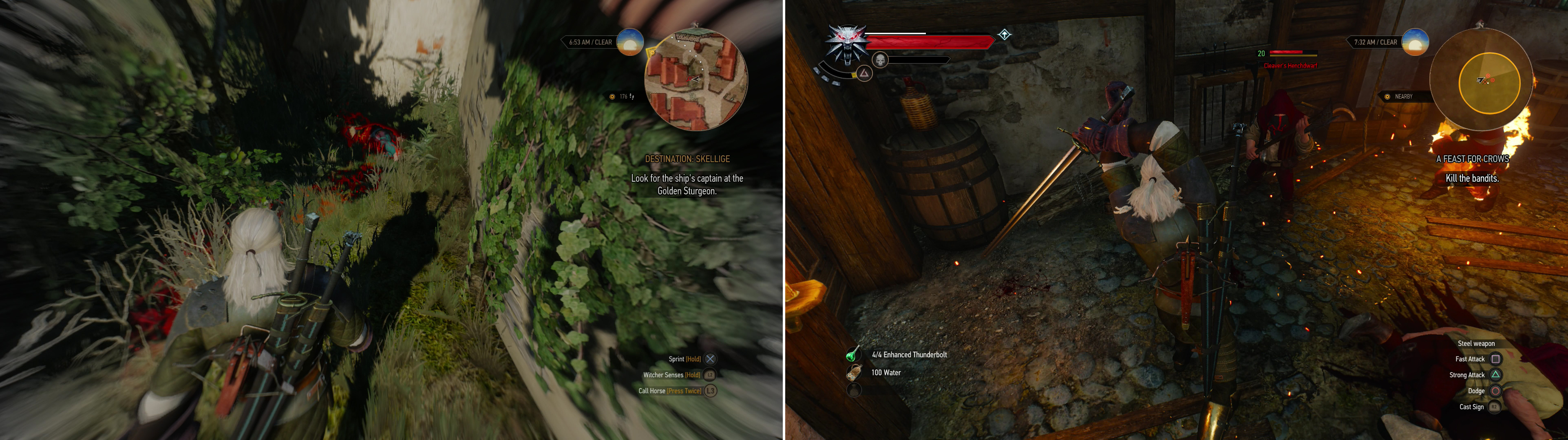Follow a scent trail to discover a corpse (left). You can either sell the key you found on the corpse to the Dwarves, or kill them and keep the treasure for yourself (right).