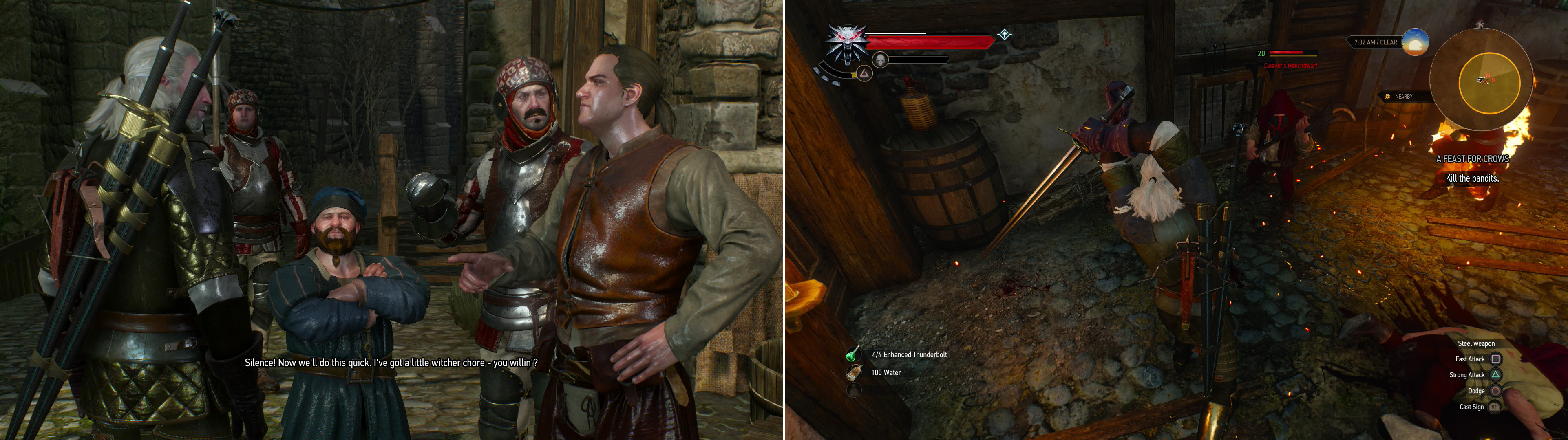Somebody let a monster loose in a warehouse. Seems like work for a Witcher (left). Defeat Cleaver’s henchmen to claim their treasure (right).