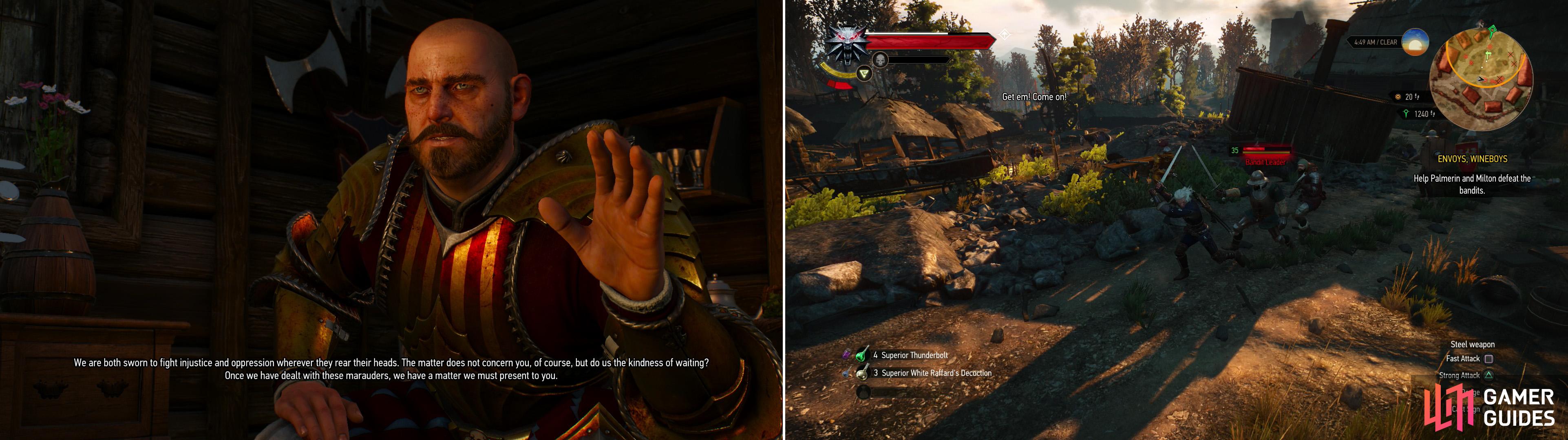 In the village of Stonecutter’s Settlement you’ll find two knights from Toussaint (left), who have a bit of business for you after they deal with some bandits (right).