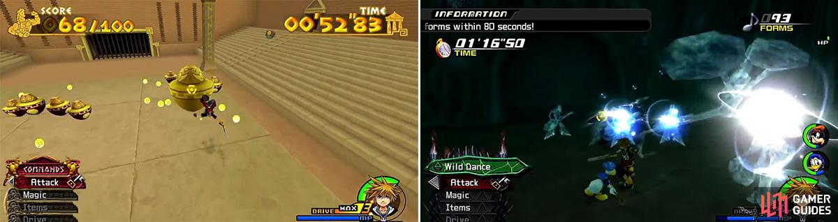 Hit the large pot (left) to obtain 30 orbs at once. Demyx (right) is an easy battle if you use Wild Dance.