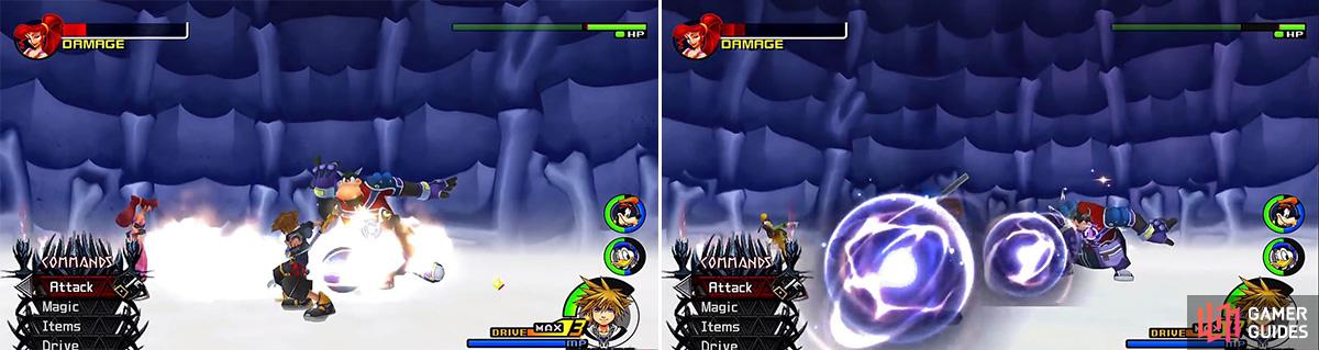 Watch out for this attack (left). Pete can also summon enemies during the battle (right).