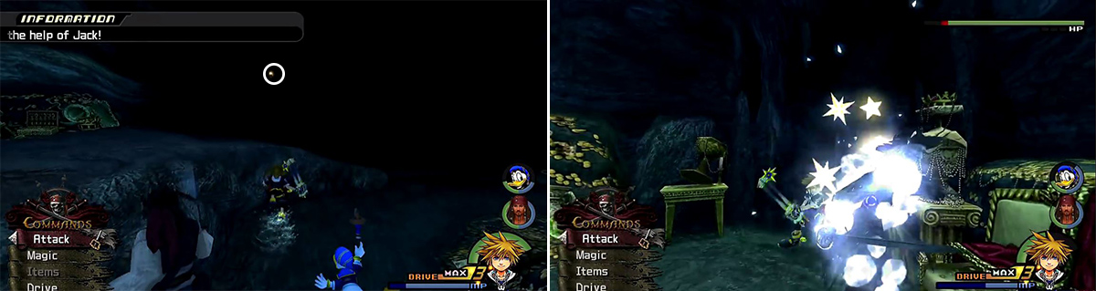 Kill the Illuminator as soon as the battle starts (left). You can freeze Barbossa (right) in place and pummel him with attacks.