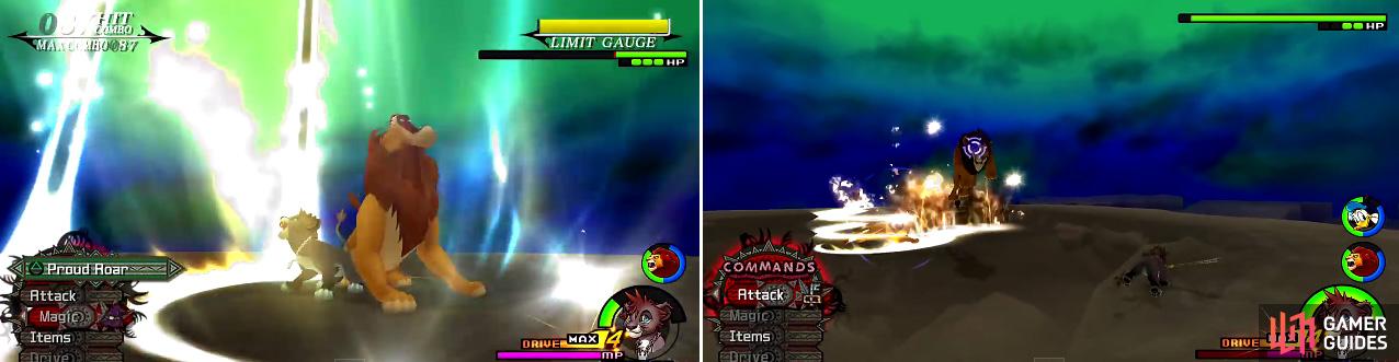 Use Limit Breaks regularly when you get a chance (left). You will need to use Dash a lot in this fight to avoid Scar’s elemental attacks (right).