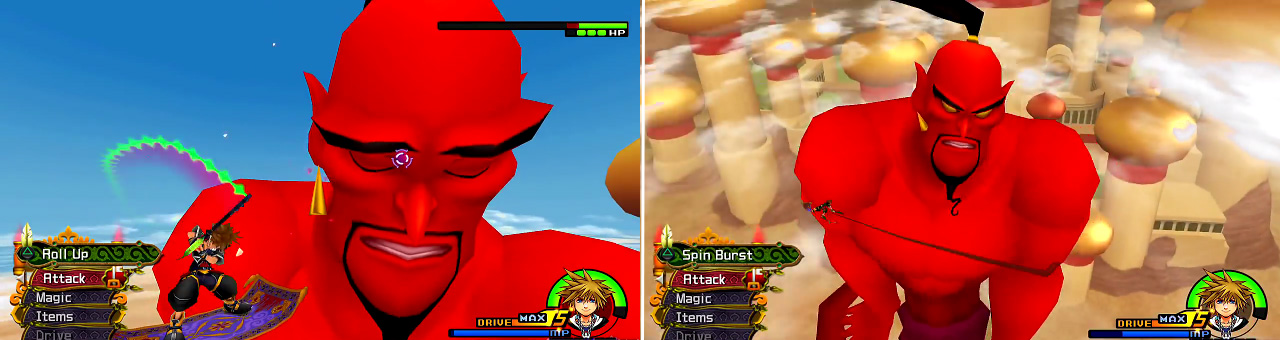 Hitting his head (left) is a sure way of doing good damage. You can also use Spin Burst (right) to get Jafar to keel over giving you free shots at him.