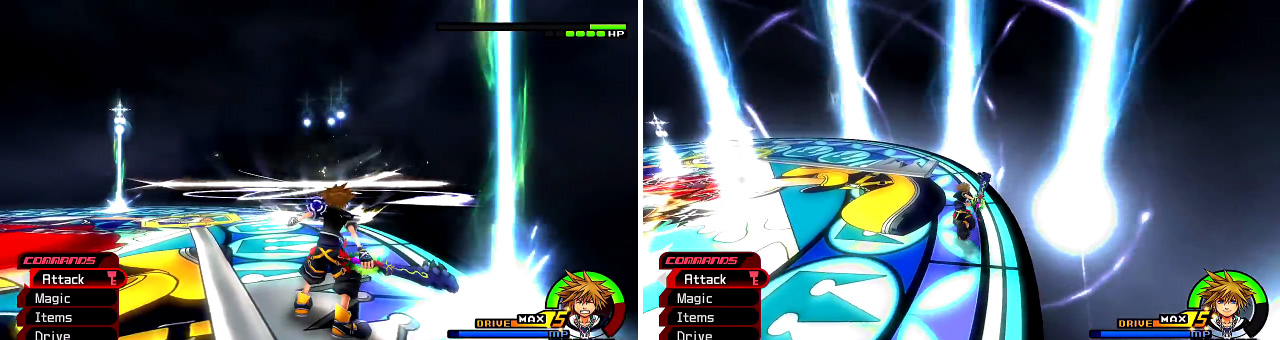 The Light Pillars can be guarded against or dodged but be careful (left). When Roxas uses Magic Hour (right), stay on the outside and keep dodging the orbs.