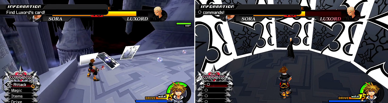 Watch when Luxord changes to know which card he is or swing the camera around when they are stood up to find him (left). You must get all Os at the end (right) and you must be fast or you will lose a lot of time.