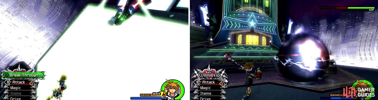 You will get a trio of Reaction Commands (left) after you head up the tower. Be sure to get them all to avoid damage. Xemnas has some attacks (right) but most are easy to dodge.