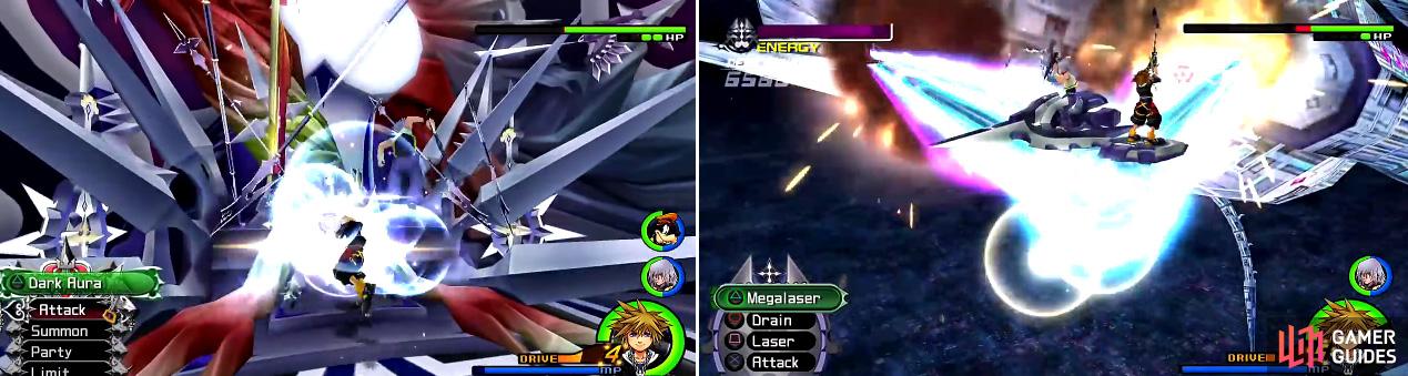 You can get in a ton of shots right from the start (left) before he gets a chance to attack. The Dragon Form requires absorption of energy so you can unleash the Mega Laser (right).