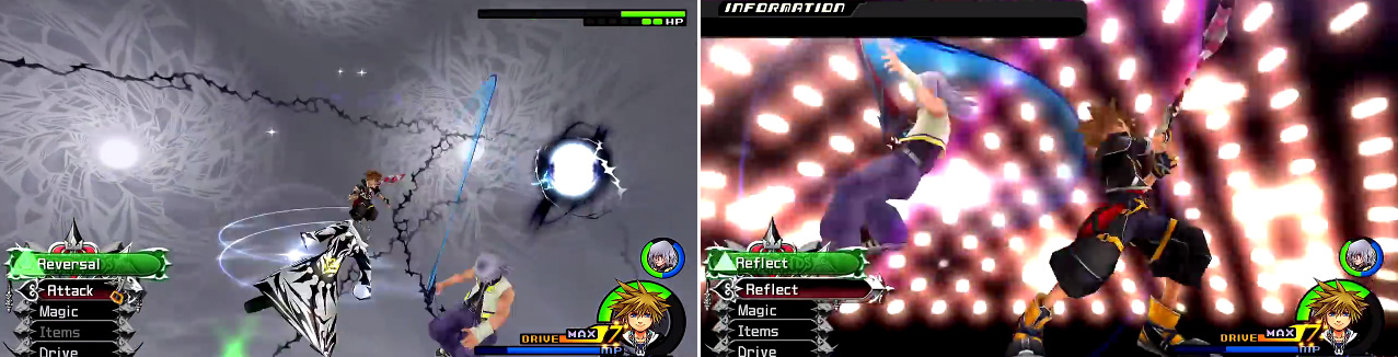 You need to be able to dodge well (left) during the initial onslaught and throughout the battle. Xemnas is relentless at this time. In the final phase, you will have to mash Reflect (right) to avoid the oncoming lasers.