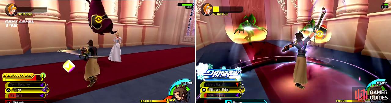 The enemies can sneak in and hit Cinderella if you aren’t careful (left). As you progress further towards the ballroom, the enemies get harder (right).