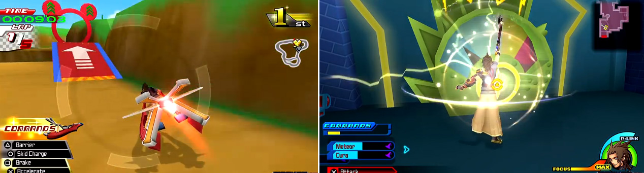 Hit this ramp (left) during the race for a nice shortcut. Beneath Disney Town is a place where you must use Thunder spells (right) to access some items.