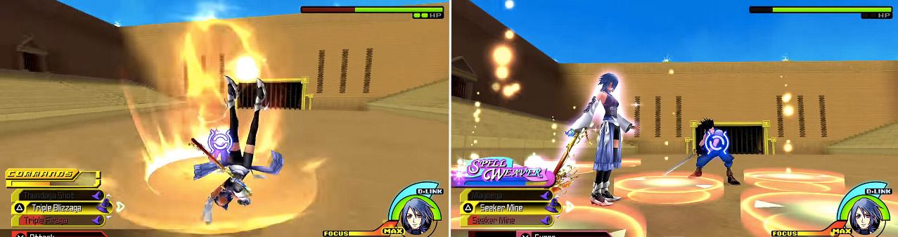 The first move Zack will do is a leaping sword attack (left) so make sure you’re ready. If you have Seeker Mines (right) you can set them underneath Zack for massive damage and they also stun him in place.