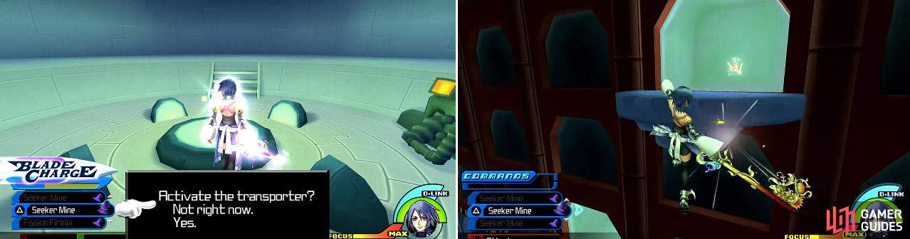 You can use the transporters (left) to travel around. You can also use air dash to reach far away platforms (right).