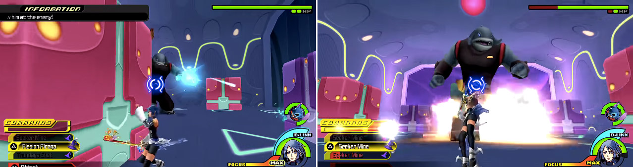 Gantu uses an energy ray blaster (left) at the start of the battle. As with the other bosses, Seeker Mine (right) can really decimate Gantu because he is so slow.