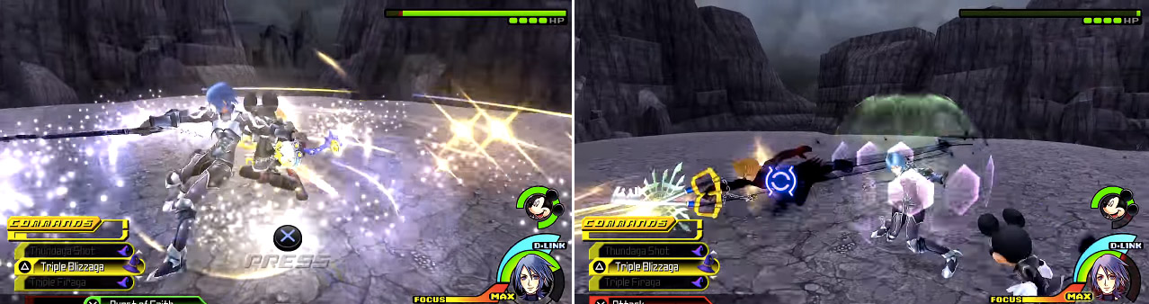 Use Burst of Faith (left) at the beginning of the battle to take off a chunk of HP. Vanitas has a nasty sword dash (right) which he uses multiple times in a row so keep cartwheeling.