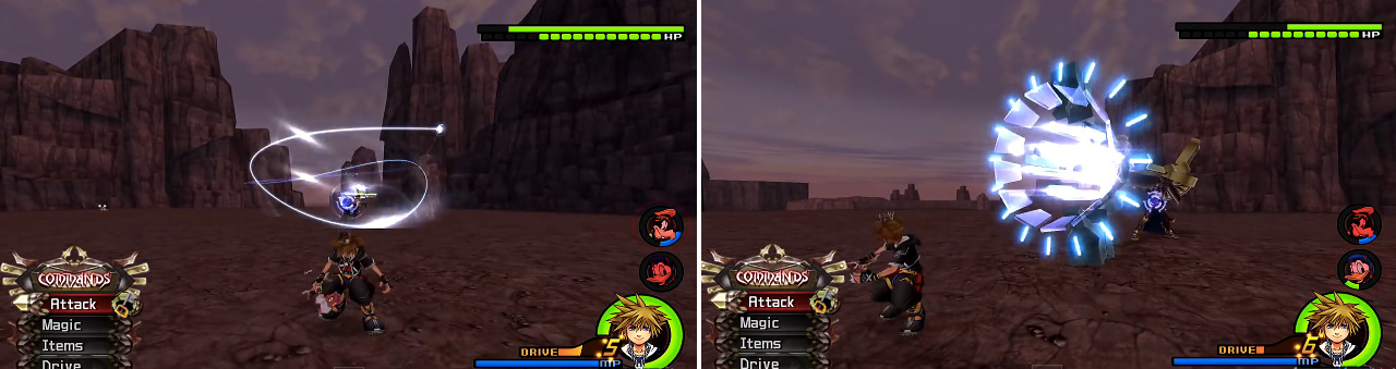 Impetuous Whip (left) deals massive damage so dash far away when you see it. Ultima Cannon (right) can be guarded if you are close or dodged towards if far away to negate the explosion.