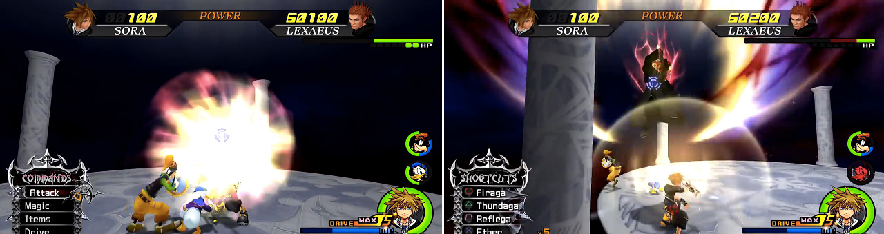 Ground Impact is signified by Lexaeus disappearing and then rushing at Sora (left). He will also continually use Quake (right) in various ways.