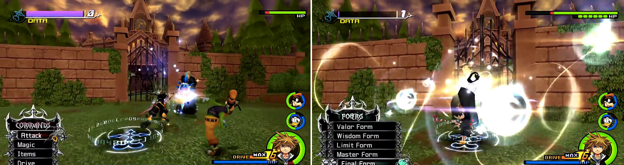 Try to avoid the circle (left) so Vexen cannot collect data. Once the shield is broken, select a Form (right) to finish him off quickly.