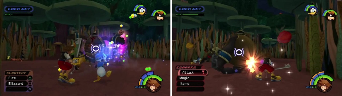 These large Heartless will charge you from the front (left) so get behind them and attack (right).