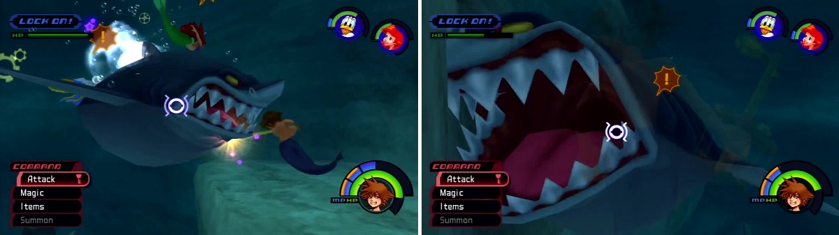 Try to stay on the Shark’s flank and attack or you may find yourself at the wrong end of those big chompers (right).