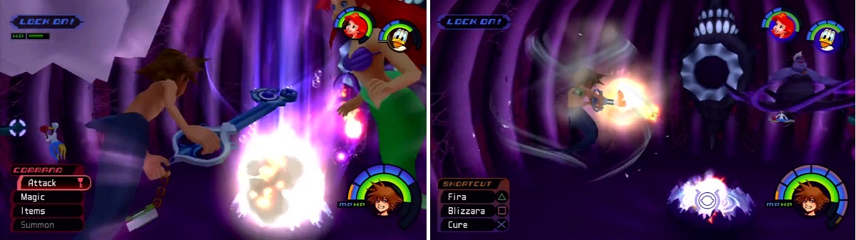 Shoot Ursula’s cauldron relentlessly until it backfires (left). Watch out for Ursula as she spins around like a maniac (right) while you are attacking the cauldron.