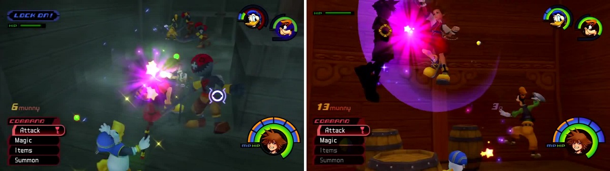 Pirates are easy enough, but can be a pain in a group (left). Anti-Soras can be annoying as they fly through the air (right).