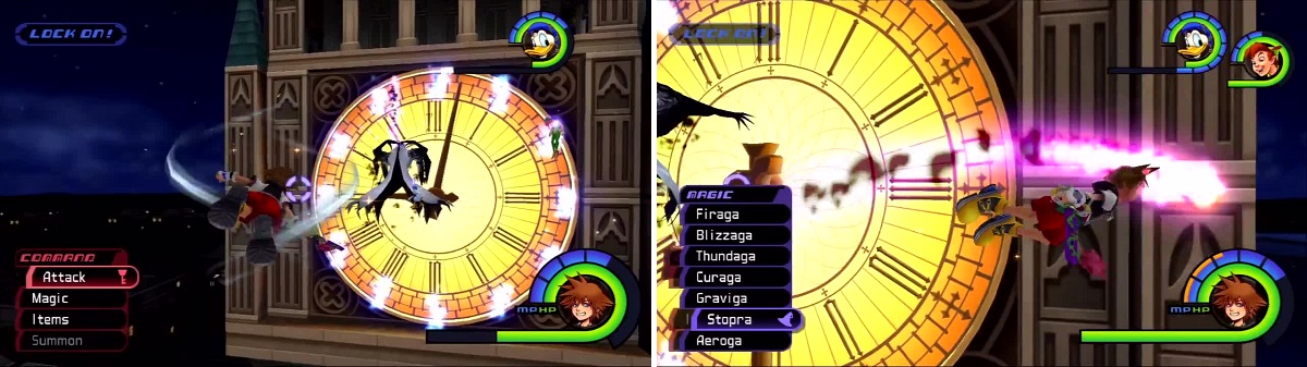 Phantom prepares to cast a poisonous energy ball of death (left). The ball of death tracks Sora as he tries to fly away (right).