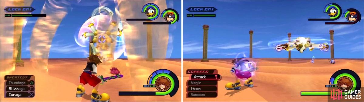 Zisa summons tornadoes to impede Sora (left). Prepare to dodgeroll as Zisa begins to spin around the battlefield (right).