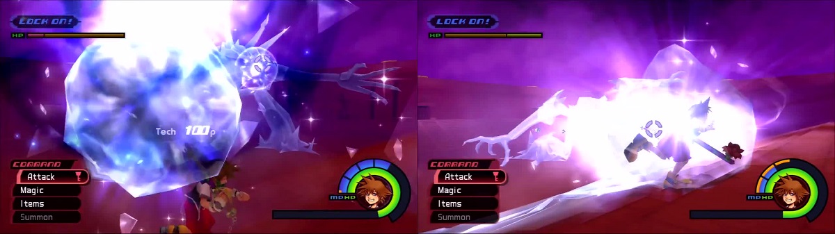 Ice boulders appear above Sora’s head (left). Ice Titan uses its icy breath the freeze Sora in place (right).