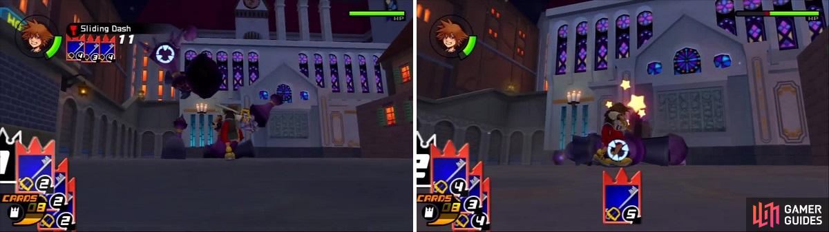 The legs are a perfect target for Sliding Dash (left). Sora used the Gimmick Card to make Guard Armor collapse in a heap (right).