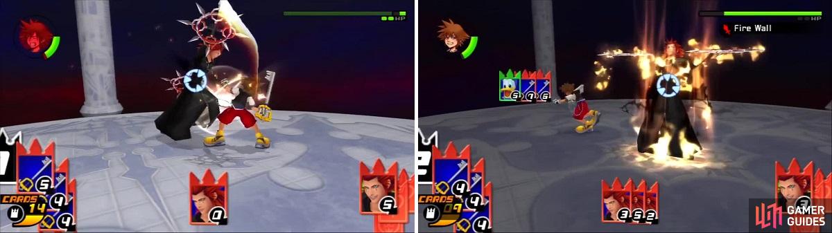 Axel hits Sora with his chakrams (left) after Sora gets in close. Sora fails to break the Fire Wall sleight (right) but avoids any damage.