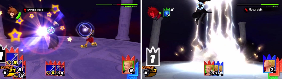 Sora stuns Larxene with Strike Raid (left). Larxene gets a little payback when she pulverizes Sora with Mega Volt (right).