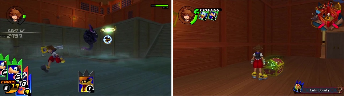Sora doesn’t pay attention as a Yellow Opera uses a card of 1 value to deliver a killing blow (left). Sora creates a room of Calm Bounty for a brief respite (right).