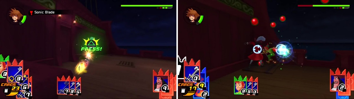 Captain Hook doesn’t present much of a problem when Sora uses Sonic Blade (left). Peter Pan is summoned and repeatedly stabs Hook in the back (right).