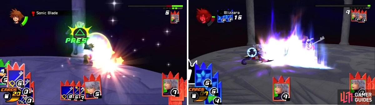 Sora pummels Riku with Sonic Blade over and over (left). Riku is finally able to get a hit on Sora (right).
